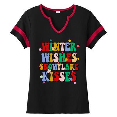 Winter Wishes Snowflake Kisses Retro Christmas Ladies Halftime Notch Neck Tee