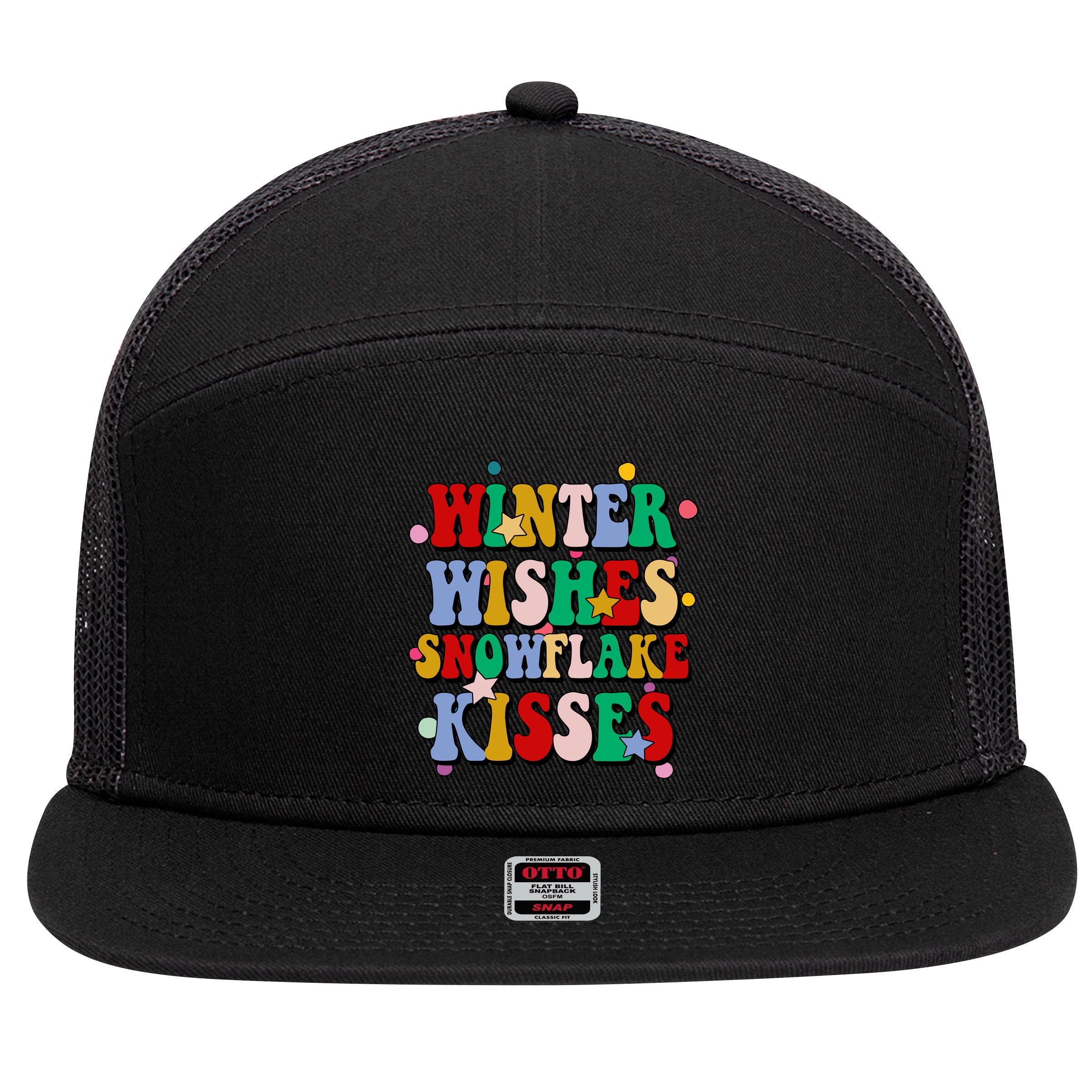 Winter Wishes Snowflake Kisses Retro Christmas 7 Panel Mesh Trucker Snapback Hat