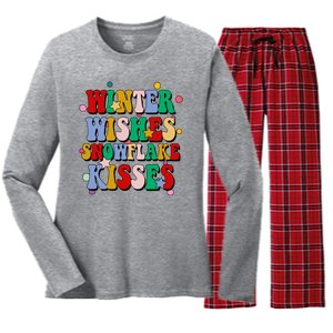 Winter Wishes Snowflake Kisses Retro Christmas Women's Long Sleeve Flannel Pajama Set 