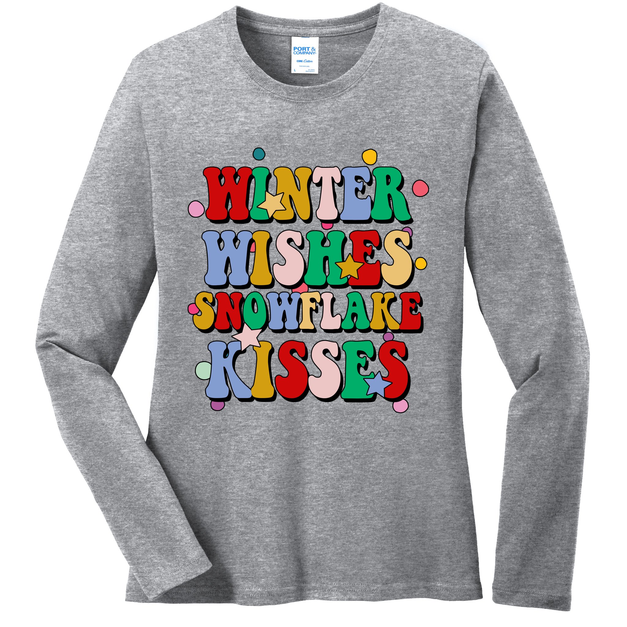 Winter Wishes Snowflake Kisses Retro Christmas Ladies Long Sleeve Shirt