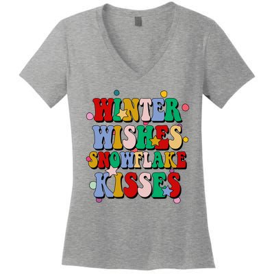 Winter Wishes Snowflake Kisses Retro Christmas Women's V-Neck T-Shirt