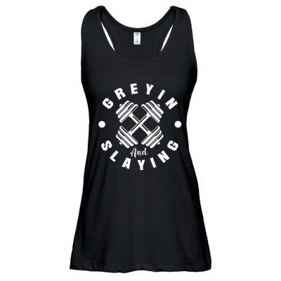 Workout With Sayings Greyin And Slayin Gym Ladies Essential Flowy Tank