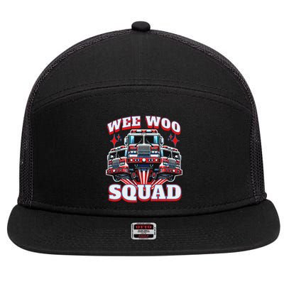 Wee Woo Squad Funny Firefighter Fire Trucks 7 Panel Mesh Trucker Snapback Hat