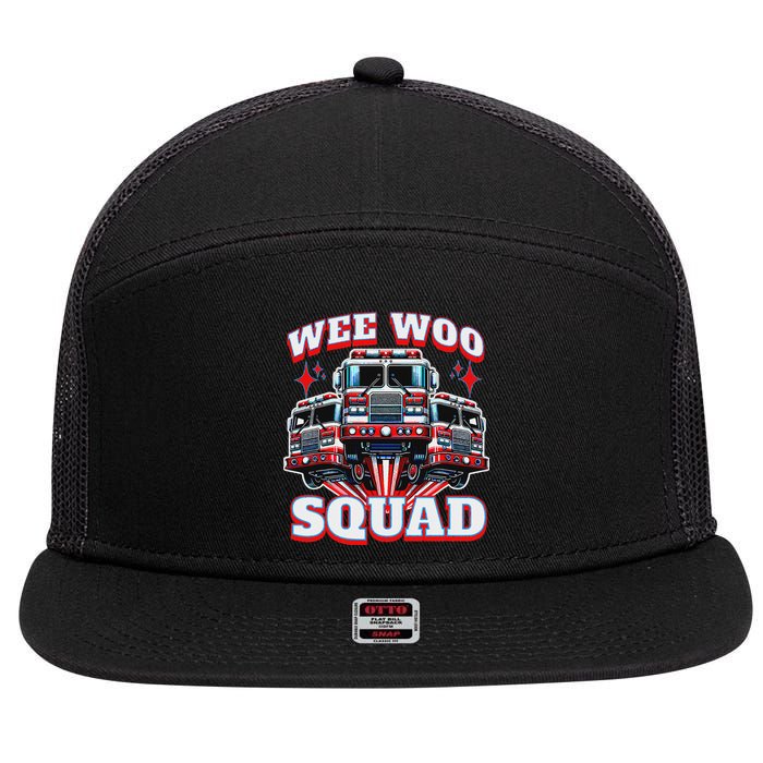 Wee Woo Squad Funny Firefighter Fire Trucks 7 Panel Mesh Trucker Snapback Hat