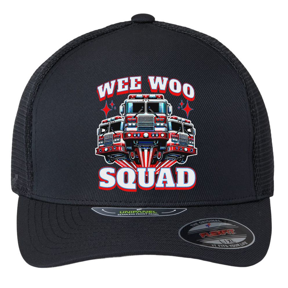 Wee Woo Squad Funny Firefighter Fire Trucks Flexfit Unipanel Trucker Cap