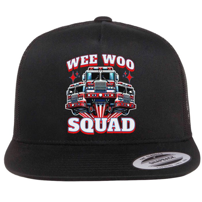 Wee Woo Squad Funny Firefighter Fire Trucks Flat Bill Trucker Hat