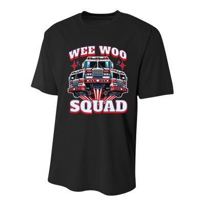 Wee Woo Squad Funny Firefighter Fire Trucks Youth Performance Sprint T-Shirt