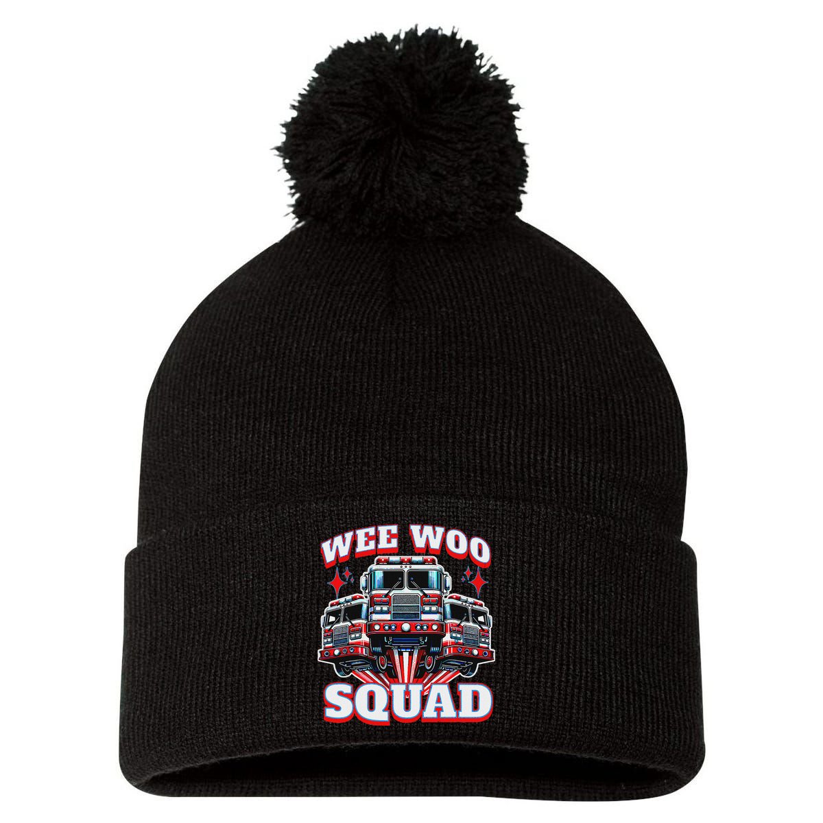 Wee Woo Squad Funny Firefighter Fire Trucks Pom Pom 12in Knit Beanie