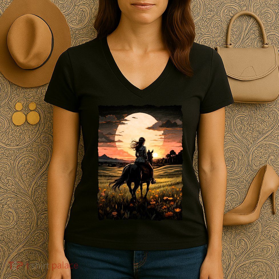 Wild West Sunset Rider Girl Women's V-Neck T-Shirt