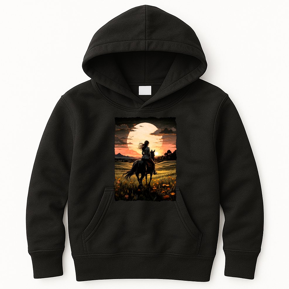 Wild West Sunset Rider Girl Kids Hoodie