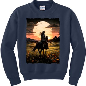 Wild West Sunset Rider Girl Kids Sweatshirt