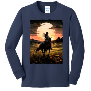 Wild West Sunset Rider Girl Kids Long Sleeve Shirt