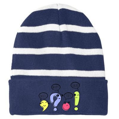 Wait What Stop It I Agree Funny Grammar Teacher Punctuation Striped Beanie with Solid Band