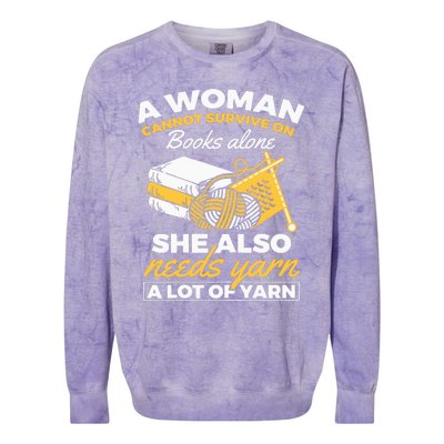 Womens Woman Survives On Books Yarn Knitting Crochet Colorblast Crewneck Sweatshirt