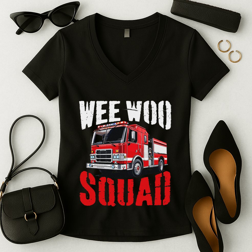 Wee Woo Squad Funny Firefighter Fire Truck Fireman Women Women's V-Neck T-Shirt