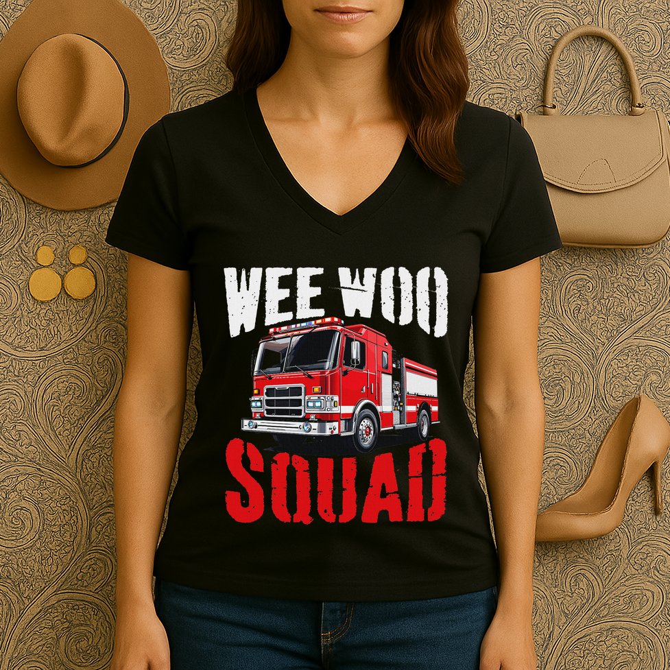 Wee Woo Squad Funny Firefighter Fire Truck Fireman Women Women's V-Neck T-Shirt