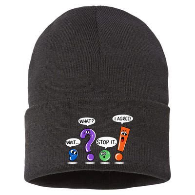Wait What Stop It I Agree Funny Grammar Punctuation Sustainable Knit Beanie