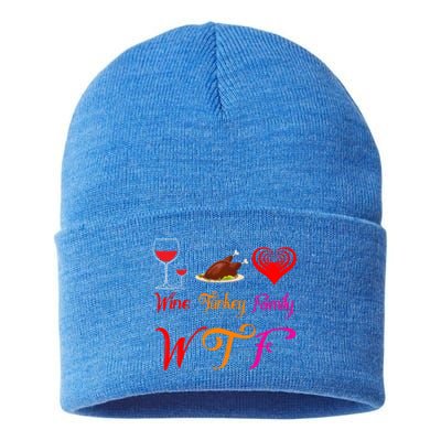 Wtf Wine Turkey Family Matching Funny Thanksgiving Day Funny Gift Sustainable Knit Beanie