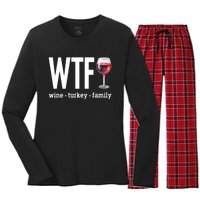 Wtf Wine Turkey Family Funny Thanksgiving Women's Long Sleeve Flannel Pajama Set 