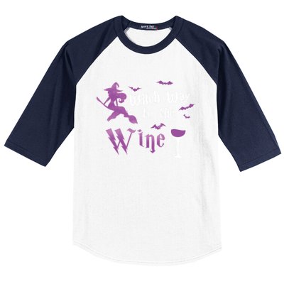 Witch Way To The Wine Funny Ing Party Halloween Graphic Gift Baseball Sleeve Shirt