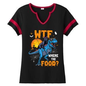 Wtf Where The Food Halloween Witch Cat Riding Trex Dinosaur Gift Ladies Halftime Notch Neck Tee