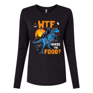 Wtf Where The Food Halloween Witch Cat Riding Trex Dinosaur Gift Womens Cotton Relaxed Long Sleeve T-Shirt