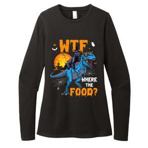 Wtf Where The Food Halloween Witch Cat Riding Trex Dinosaur Gift Womens CVC Long Sleeve Shirt