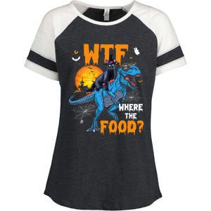 Wtf Where The Food Halloween Witch Cat Riding Trex Dinosaur Gift Enza Ladies Jersey Colorblock Tee