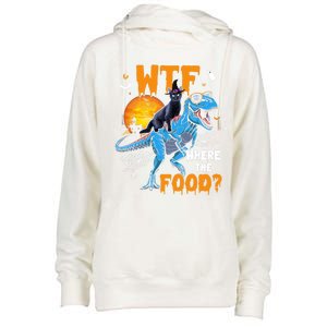 Wtf Where The Food Halloween Witch Cat Riding Trex Dinosaur Gift Womens Funnel Neck Pullover Hood