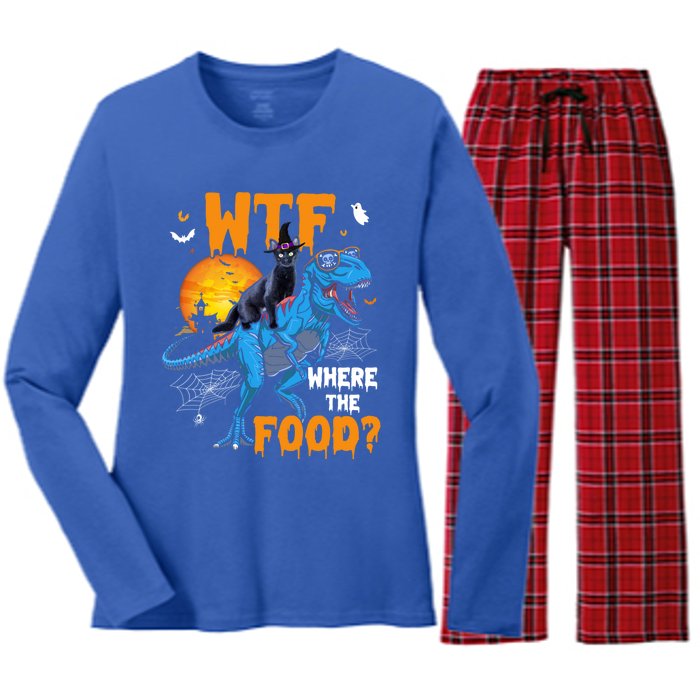 Wtf Where The Food Halloween Witch Cat Riding Trex Dinosaur Gift Women's Long Sleeve Flannel Pajama Set 