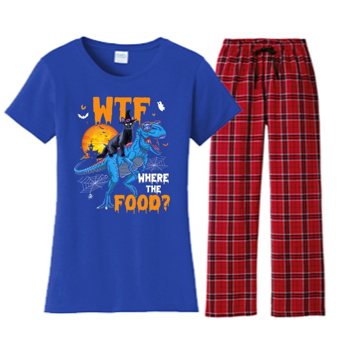 Wtf Where The Food Halloween Witch Cat Riding Trex Dinosaur Gift Women's Flannel Pajama Set