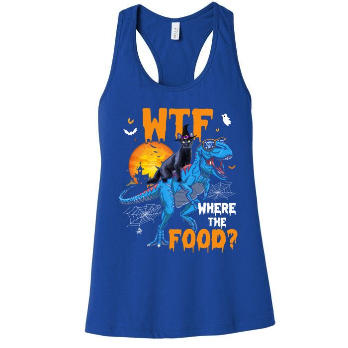 Wtf Where The Food Halloween Witch Cat Riding Trex Dinosaur Gift Women's Racerback Tank