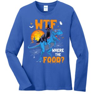 Wtf Where The Food Halloween Witch Cat Riding Trex Dinosaur Gift Ladies Long Sleeve Shirt