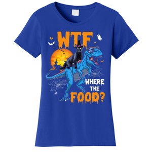 Wtf Where The Food Halloween Witch Cat Riding Trex Dinosaur Gift Women's T-Shirt