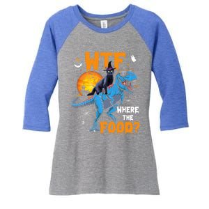 Wtf Where The Food Halloween Witch Cat Riding Trex Dinosaur Gift Women's Tri-Blend 3/4-Sleeve Raglan Shirt