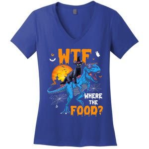 Wtf Where The Food Halloween Witch Cat Riding Trex Dinosaur Gift Women's V-Neck T-Shirt