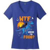 Wtf Where The Food Halloween Witch Cat Riding Trex Dinosaur Gift Women's V-Neck T-Shirt