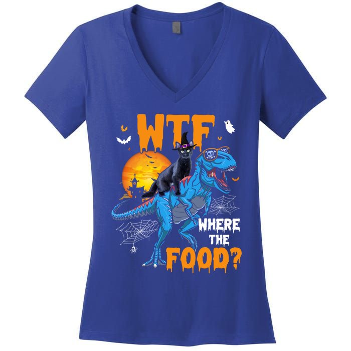 Wtf Where The Food Halloween Witch Cat Riding Trex Dinosaur Gift Women's V-Neck T-Shirt