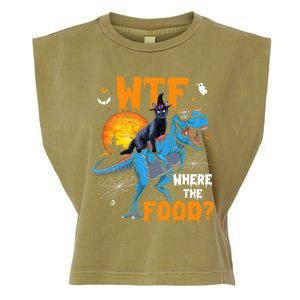 Wtf Where The Food Halloween Witch Cat Riding Trex Dinosaur Gift Garment-Dyed Women's Muscle Tee