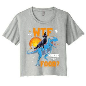 Wtf Where The Food Halloween Witch Cat Riding Trex Dinosaur Gift Women's Crop Top Tee