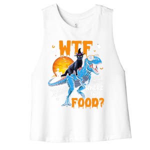 Wtf Where The Food Halloween Witch Cat Riding Trex Dinosaur Gift Women's Racerback Cropped Tank