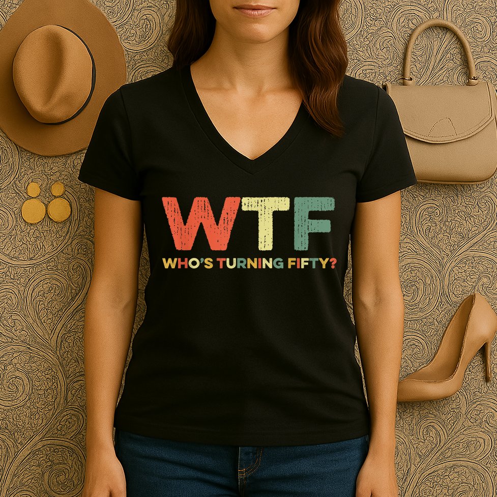 WTF Who's Turning Fifty Funny 50th Birthday Party 50 Years Women's V-Neck T-Shirt