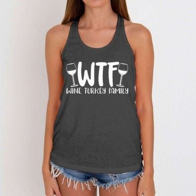 WTF Wine Turkey Family Funny Christmas Thanksgiving Women's Knotted Racerback Tank