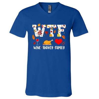 WTF Wine Turkey Family Funny Thanksgiving Day V-Neck T-Shirt