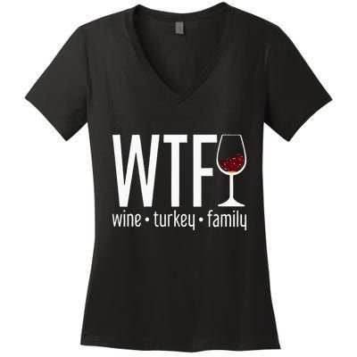 wtf wine turkey family  Women's V-Neck T-Shirt