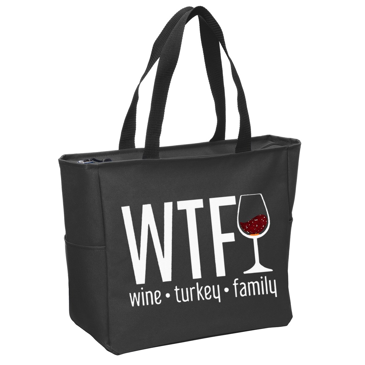 wtf wine turkey family  Zip Tote Bag