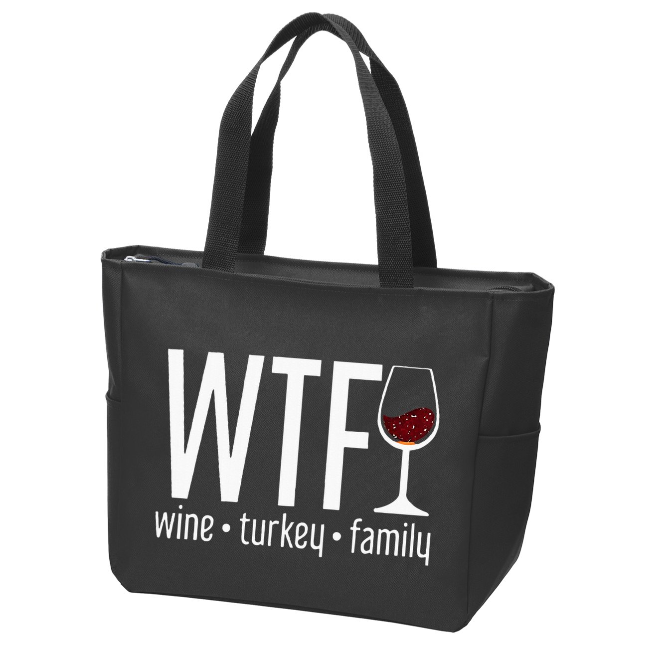 wtf wine turkey family  Zip Tote Bag