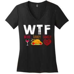 Wtf Wine Turkey Family Shirts Funny Thanksgiving Day Women's V-Neck T-Shirt