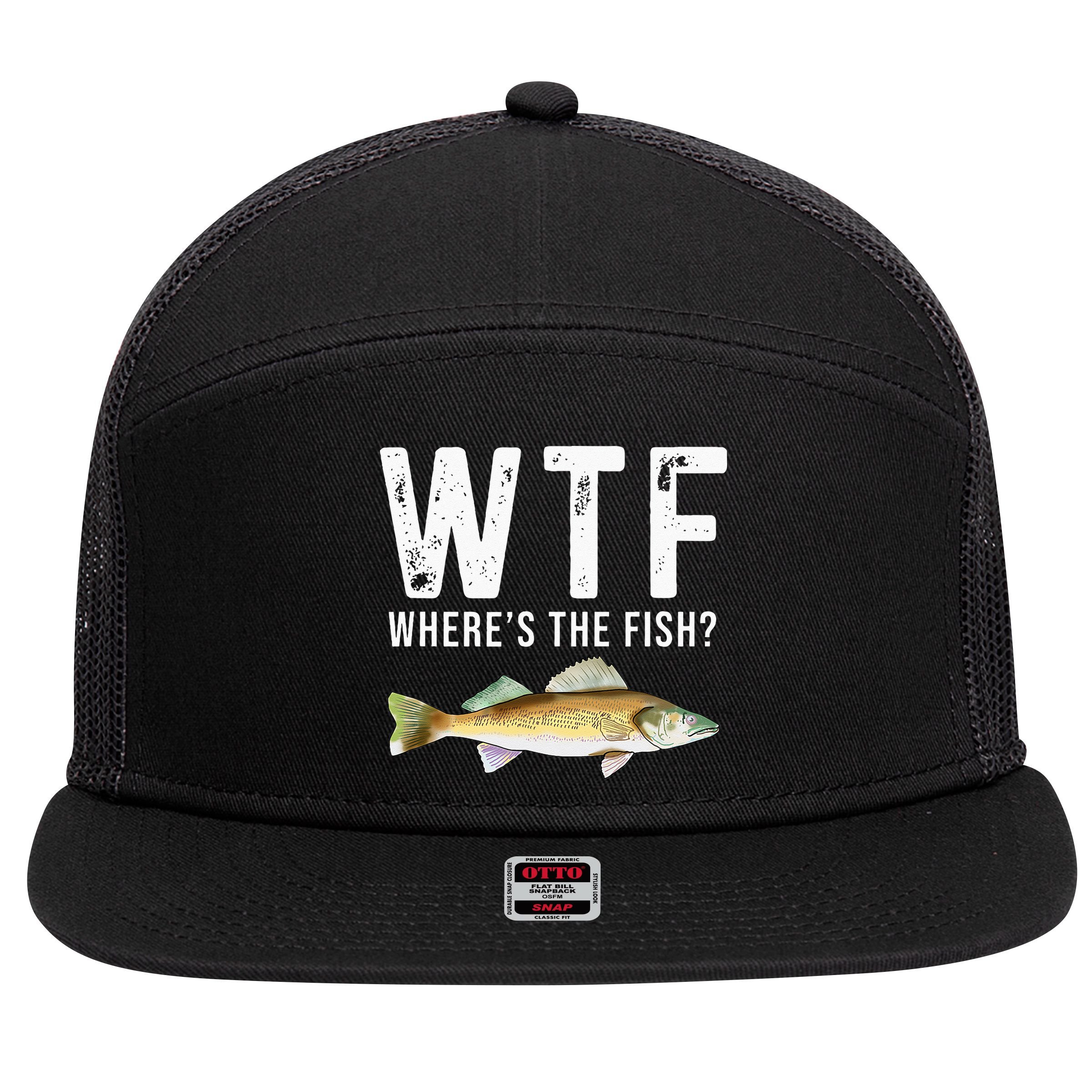 WTF Wheres The Fish Walleye Pike Funny Fishing Gifts 7 Panel Mesh Trucker Snapback Hat