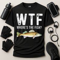 WTF Wheres The Fish Walleye Pike Funny Fishing Gifts Cooling Performance Crew T-Shirt